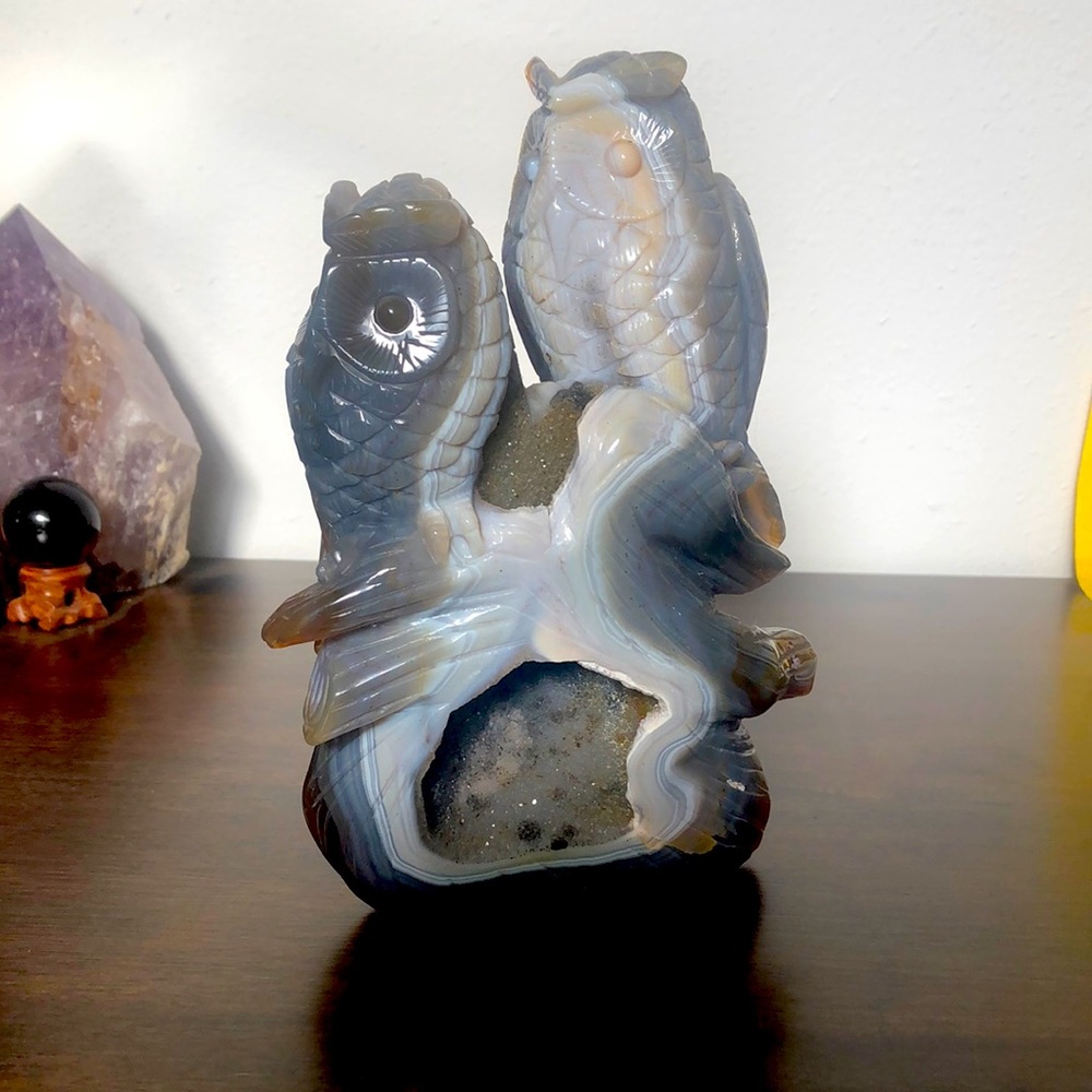 Large carved agate owls with/Druzy